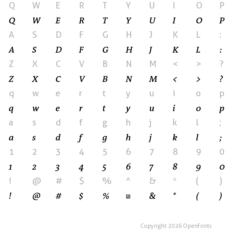 Character Map of TheAntiquaB Trial W6 SemiBold Italic