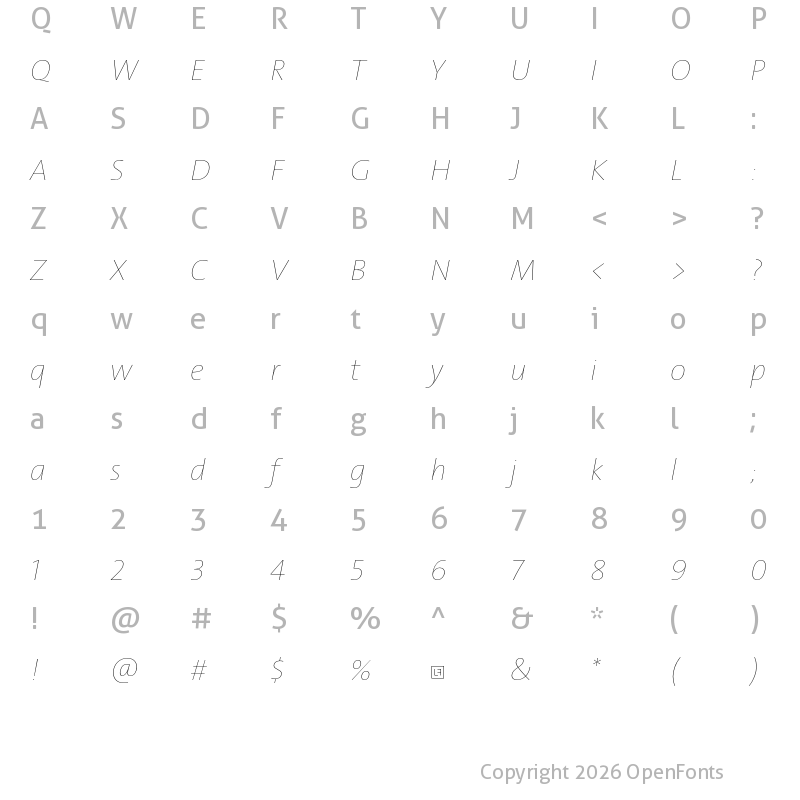 Character Map of TheSans Hair Trial H16 Italic