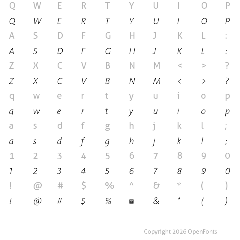 Character Map of TheSans Trial ExtraLight Italic