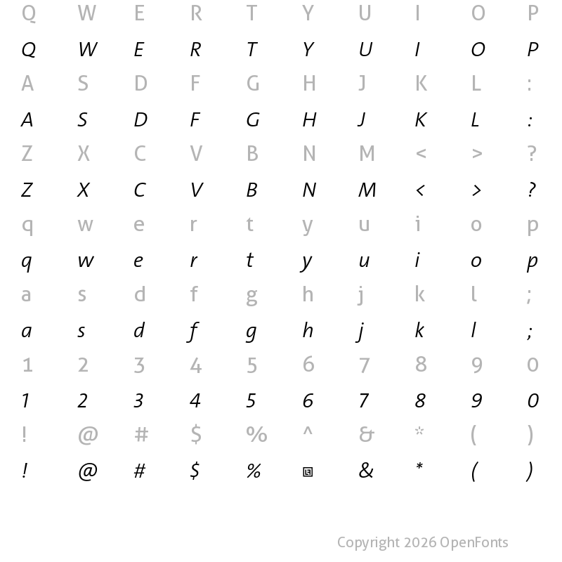 Character Map of TheSans Trial SemiLight Italic