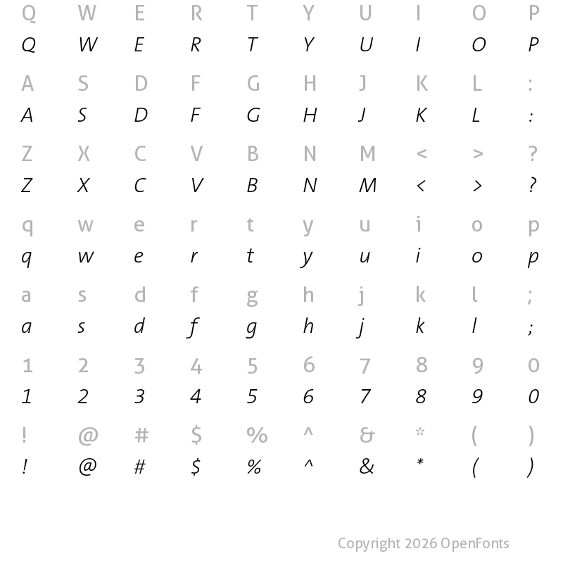 Character Map of TheSansB W3 Light Italic