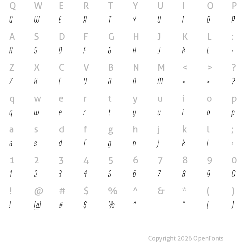Character Map of Thorup Sans Italic Italic