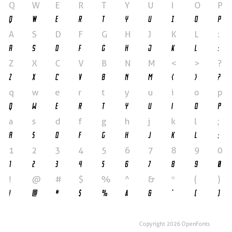 Character Map of Thunder Nova Slight-Italic Regular