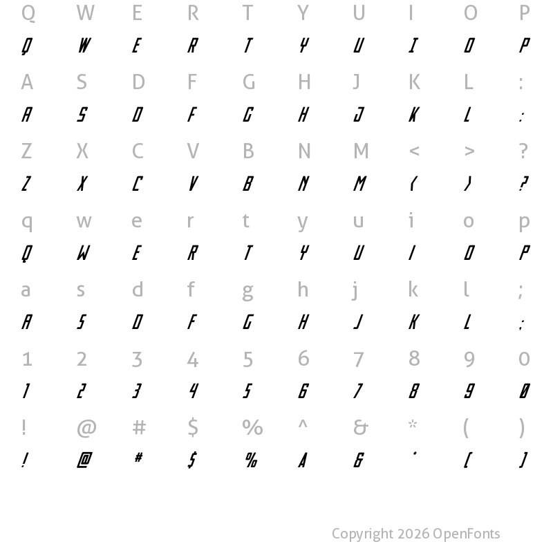Character Map of Thunder Nova Super-Italic Regular