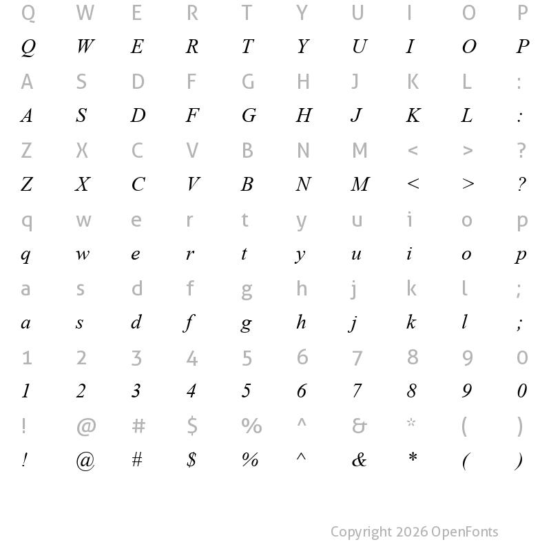 Character Map of Times New Roman Italic