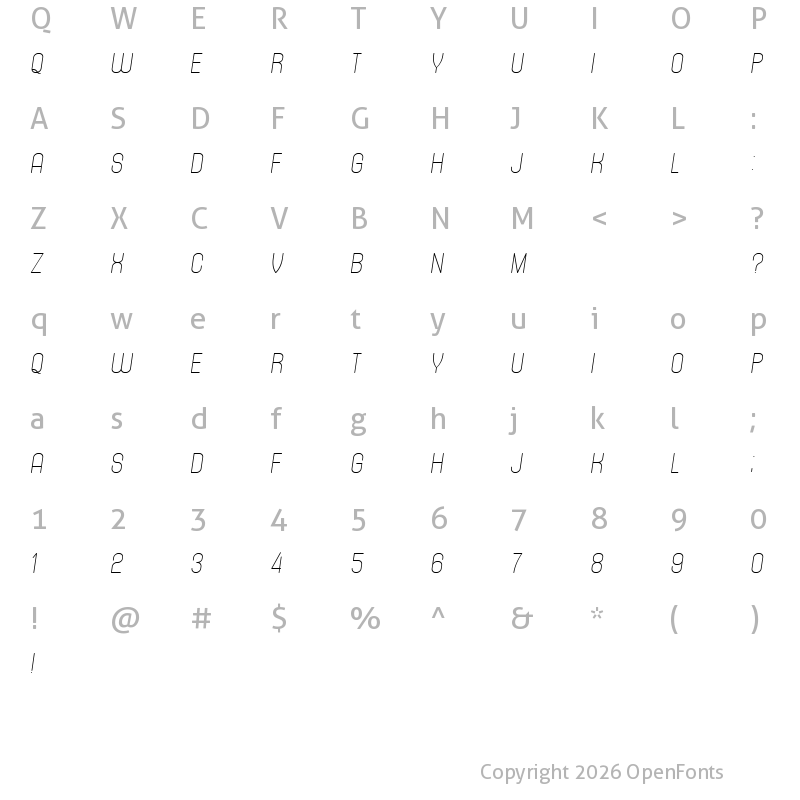 Character Map of Tracking Italic