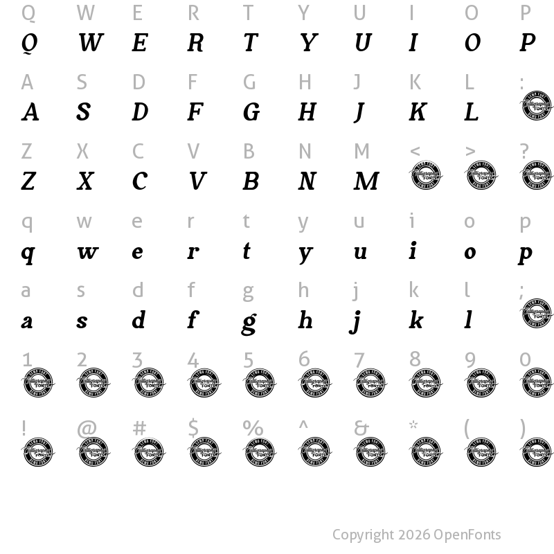Character Map of Trackwalker Demo Italic