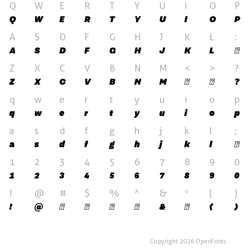 Character Map of TragicGrotesk Ultra-Italic-Trial