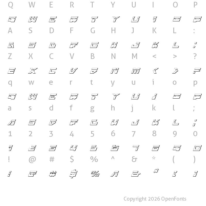 Character Map of Trajia Laser Italic 3D Laser Italic 3D