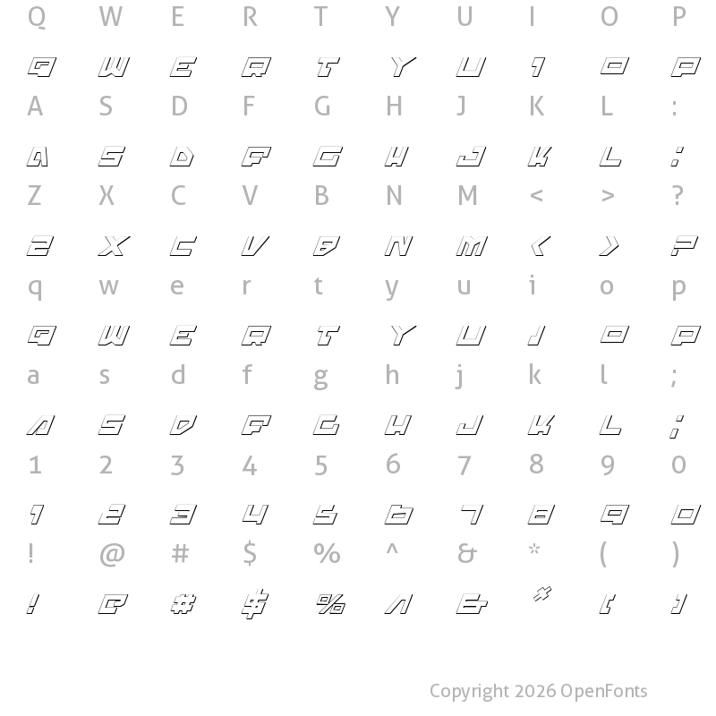 Character Map of Trajia Shadow Italic Shadow Italic
