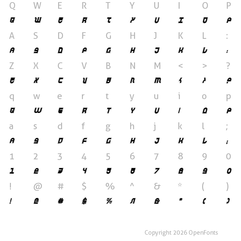Character Map of Trek Trooper Academy Italic Italic