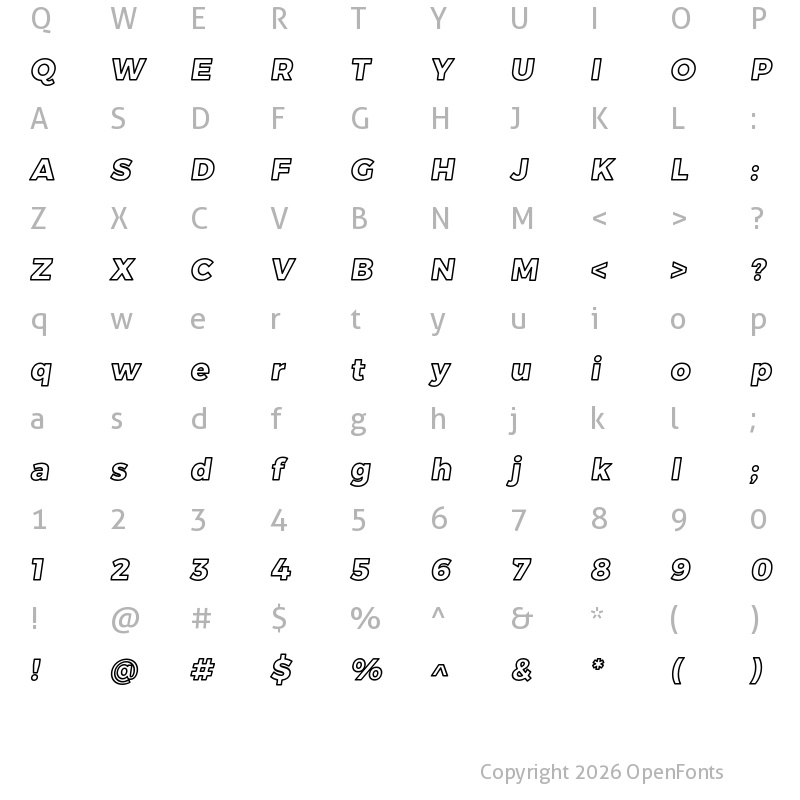 Character Map of Trueno ExtraBold Outline Italic