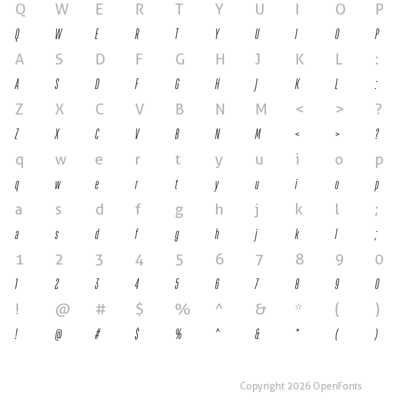 Character Map of TT Bluescreens Trial Light Italic