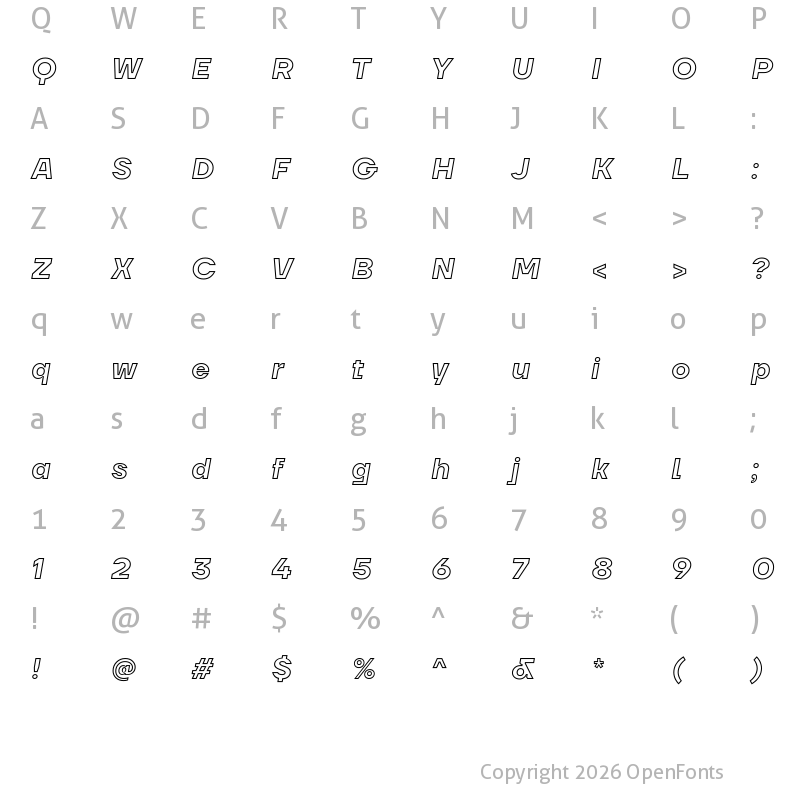 Character Map of TT Firs Neue Bold Outline Italic