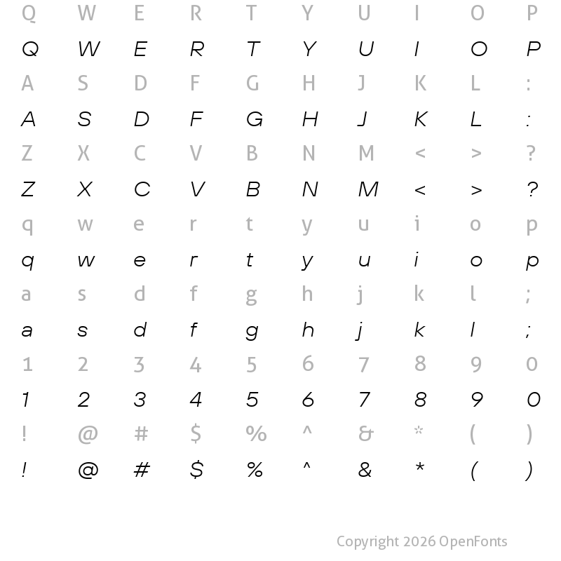 Character Map of TT Hoves Pro Trl Expanded Light Italic