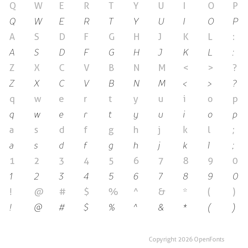 Character Map of TT Prosto Sans Trl Cnd Thin Italic