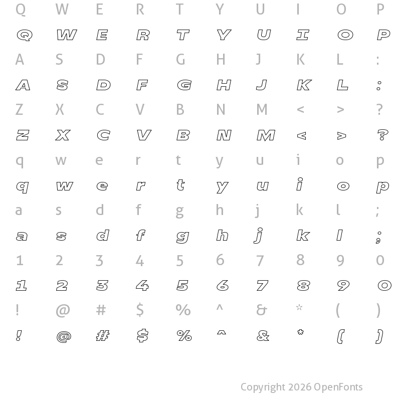 Character Map of TT Runs Black Outline Italic