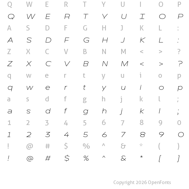 Character Map of TT Runs Trial Light Italic
