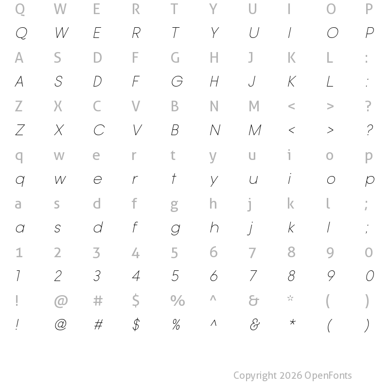 Character Map of Typo Gotika Light Demo Italic