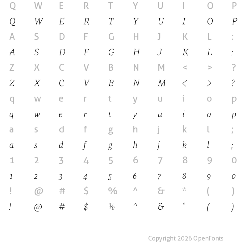 Character Map of Tzimmes ExtraLight Italic