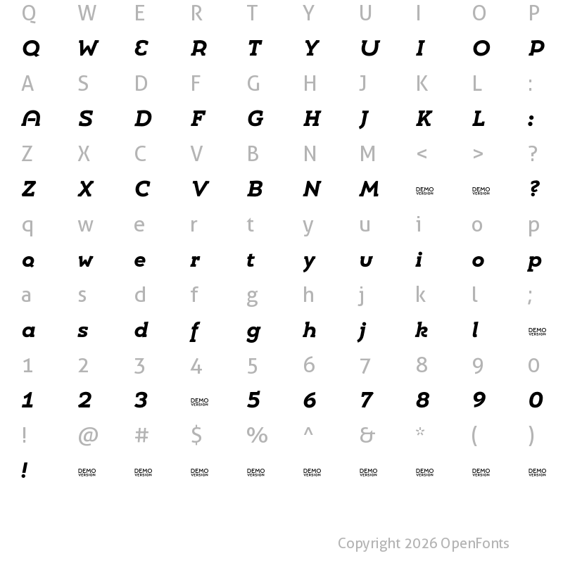 Character Map of Umba Slab Demo Alt Bold Italic