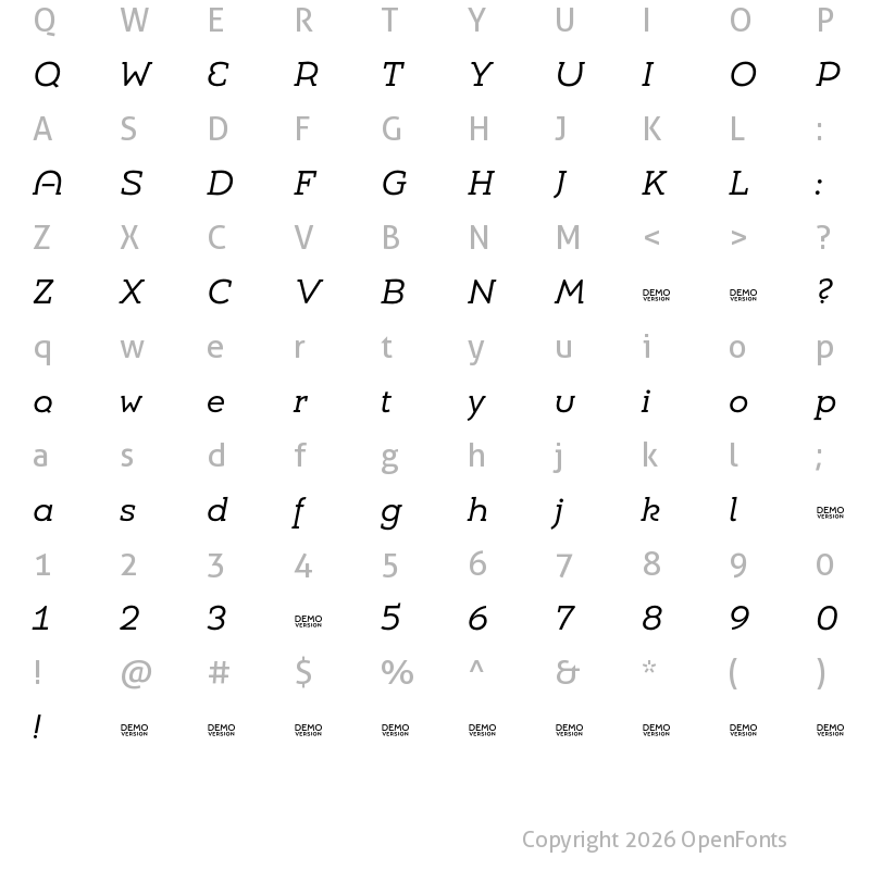 Character Map of Umba Slab Demo Alt Italic