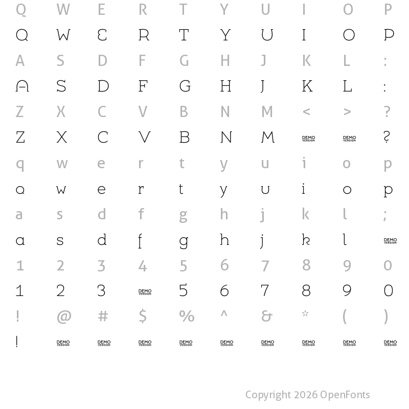 Character Map of Umba Slab Demo Alt Thin