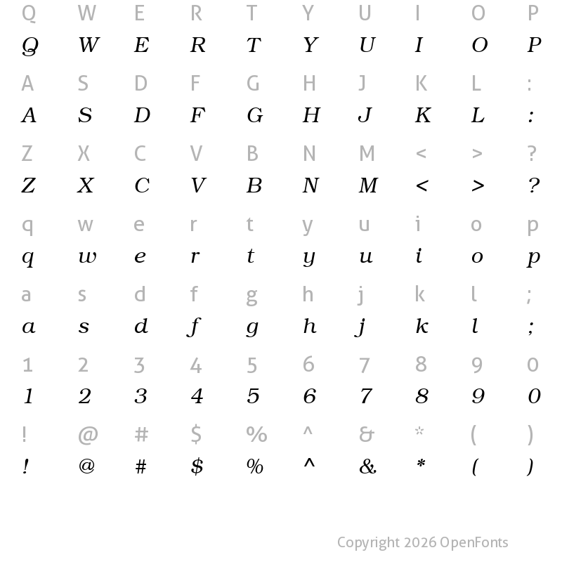 Character Map of URW Bookman Light Italic