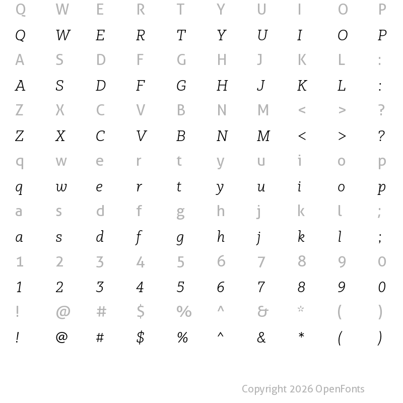 Character Map of Vaccine Light Italic