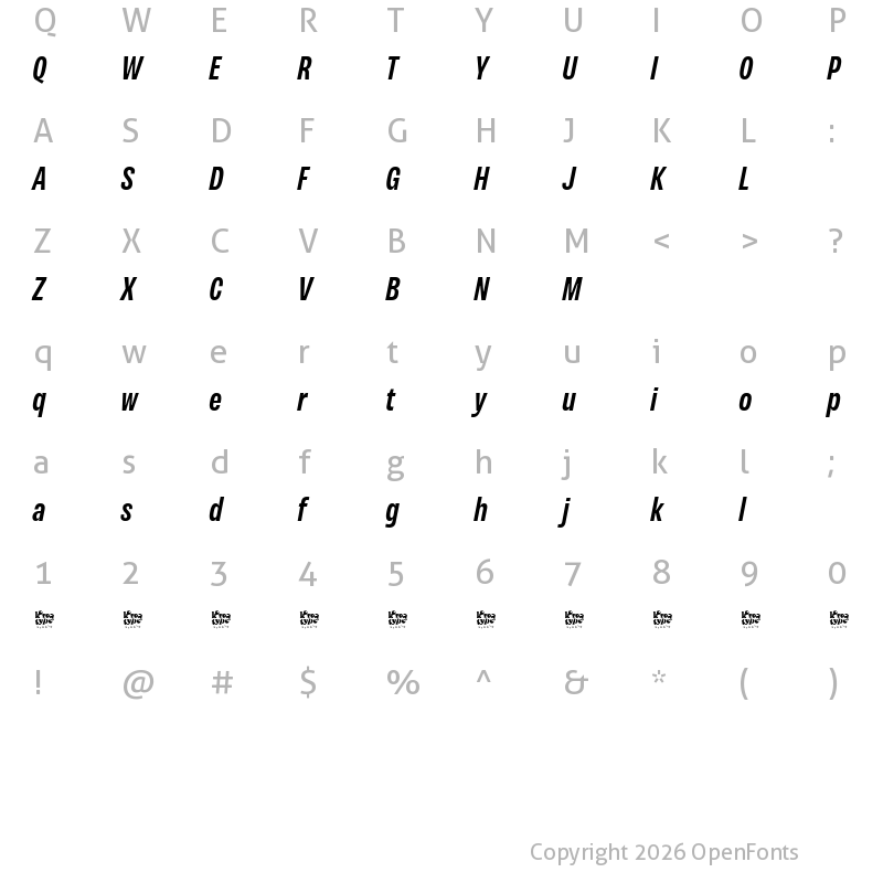 Character Map of Variera Demo Semi Bold Italic