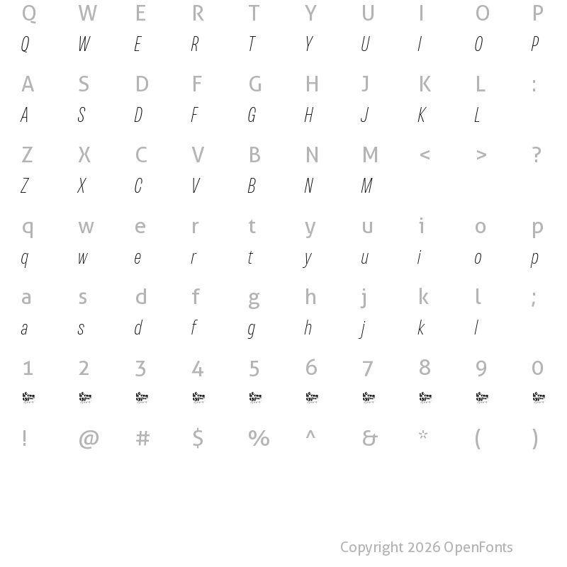 Character Map of Variera Demo Thin Italic