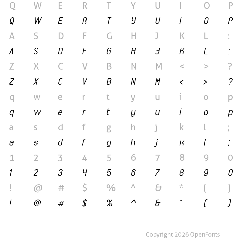 Character Map of VDS Compensated Light Italic