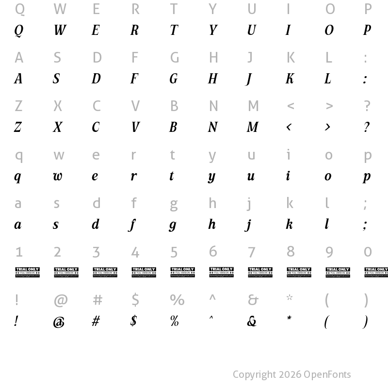 Character Map of Ventella Trial Italic