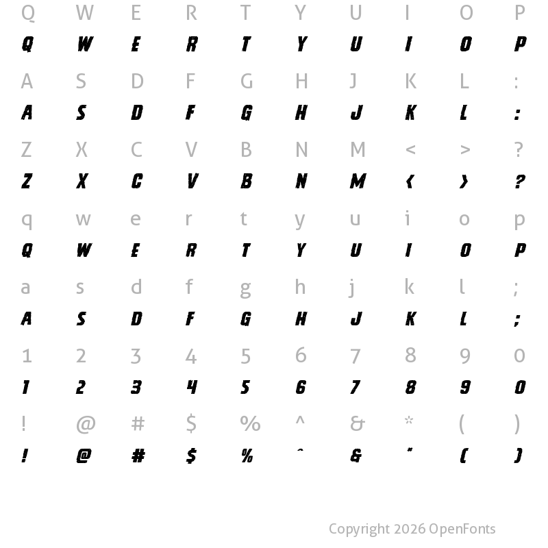 Character Map of Vicious Hunger Expanded Italic Expanded Italic