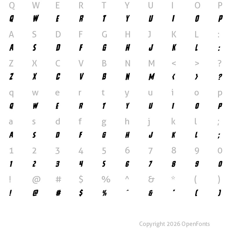 Character Map of Vicious Hunger Rotalic Italic