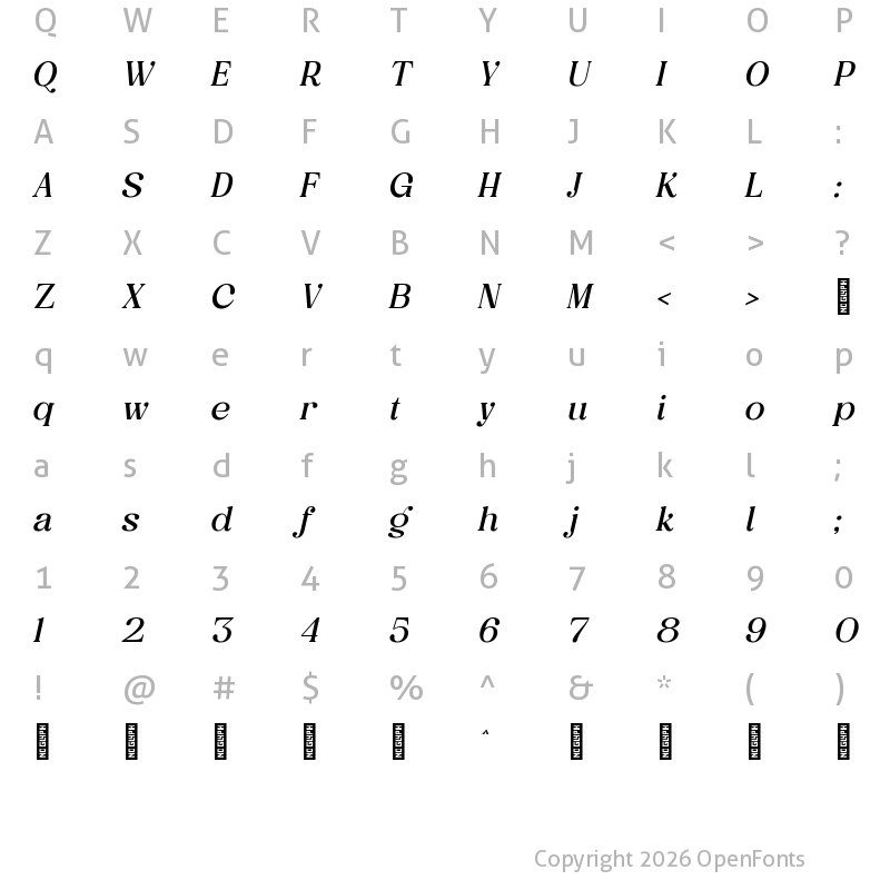 Character Map of Vintage Glamore Italic