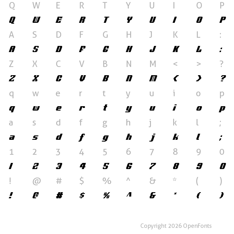Character Map of Voortrekker Condensed Italic Condensed Italic
