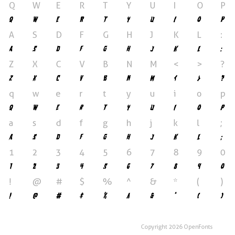 Character Map of Vorvolaka Condensed Italic Condensed Italic