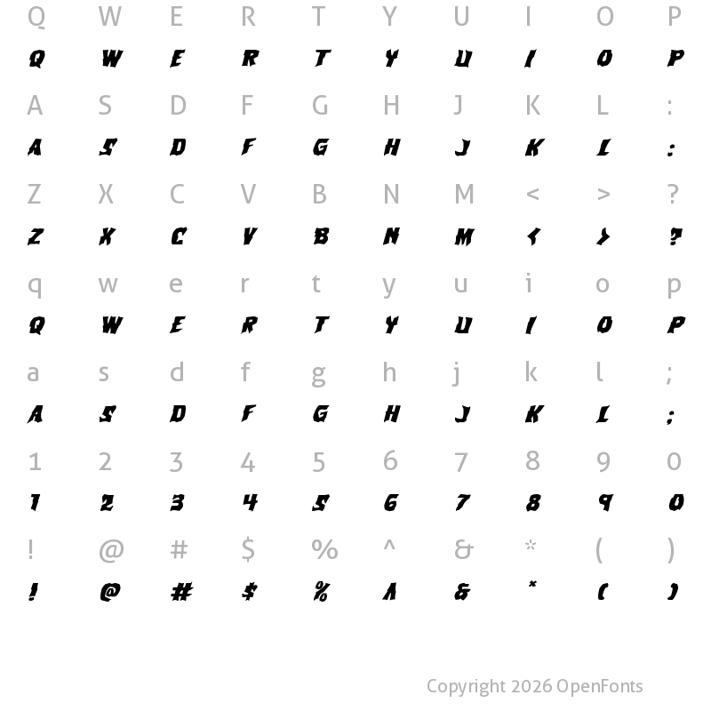 Character Map of Vorvolaka Expanded Italic Expanded Italic