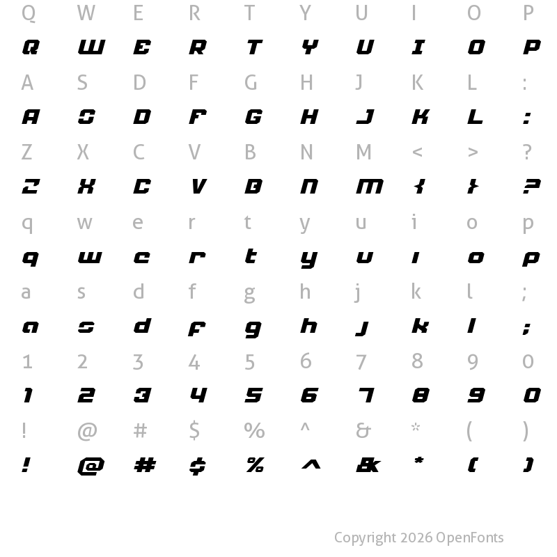 Character Map of Weaponeer Expanded Italic Expanded Italic