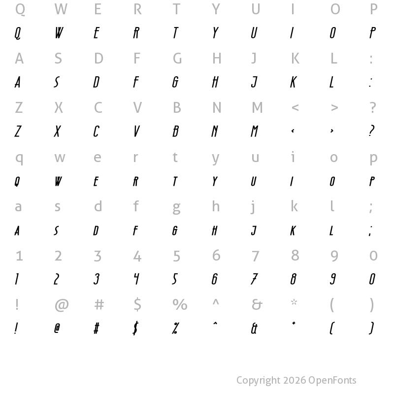 Character Map of Wellcome Paradise Bold Italic