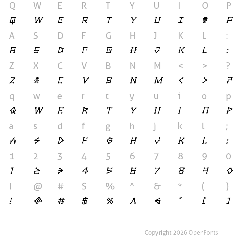 Character Map of xBONES Italic Italic