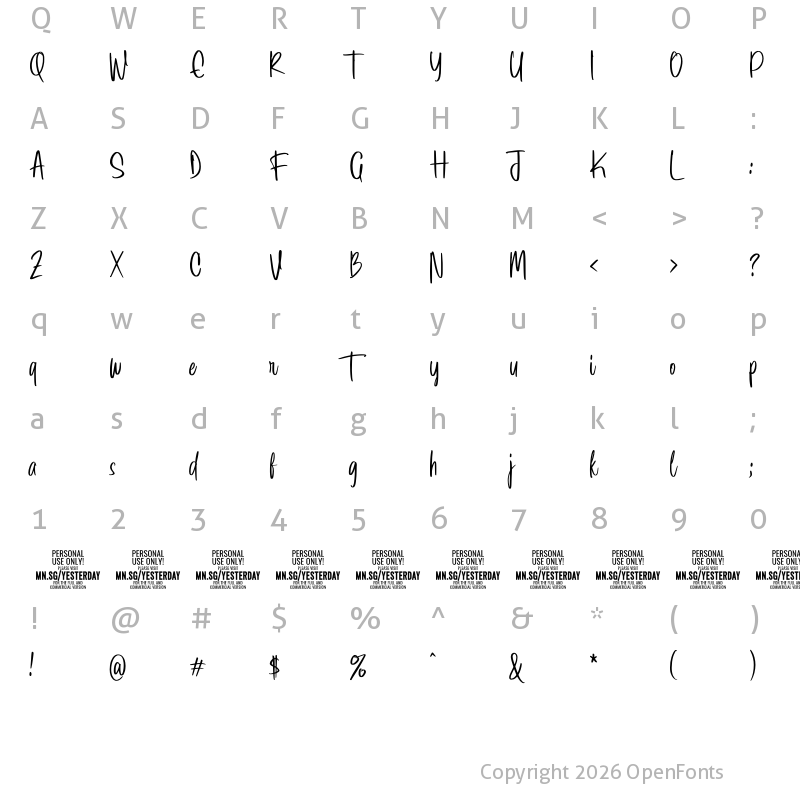 Character Map of Yesterday Morning PERSONAL Regular