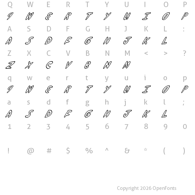Character Map of yumernub slanty Regular