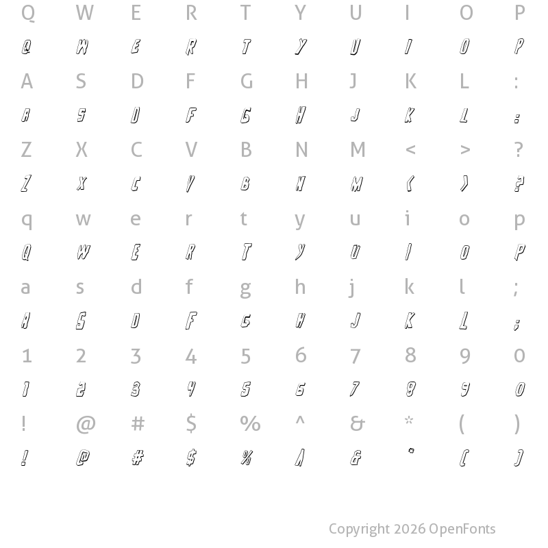 Character Map of Zakenstein 3D Italic Italic