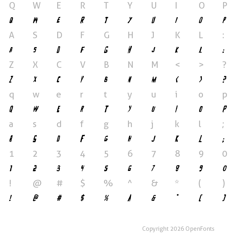 Character Map of Zakenstein Italic Italic