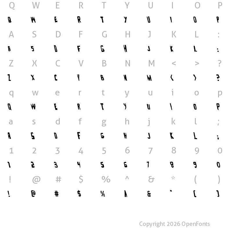 Character Map of Zakenstein Leftalic Italic