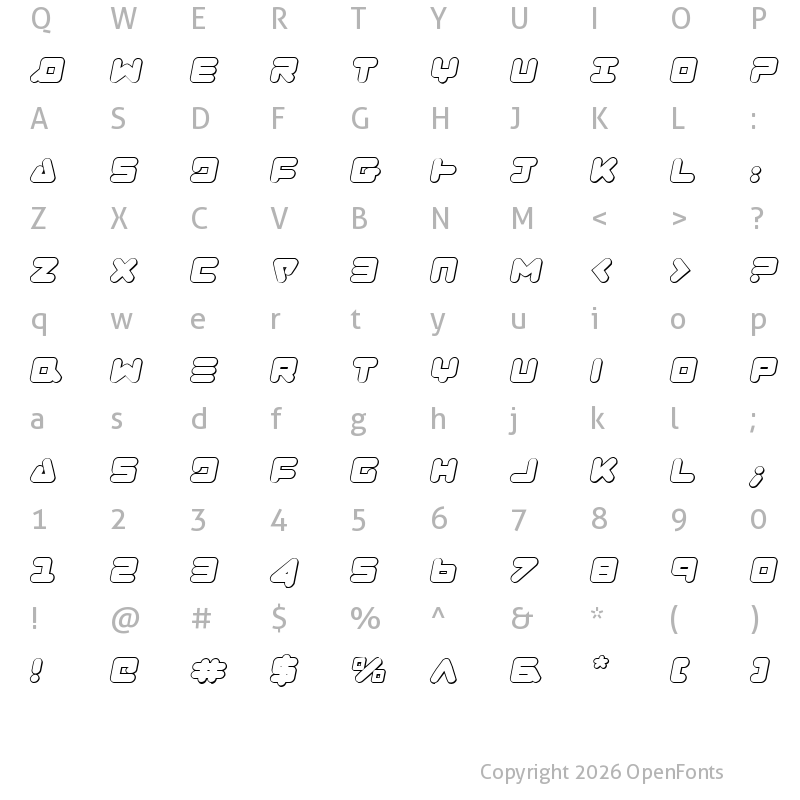 Character Map of Zealot Outline Italic Outline Italic