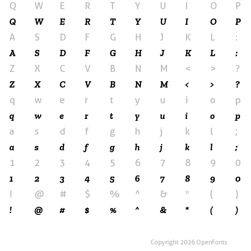 Character Map of Zilla Slab Bold Italic