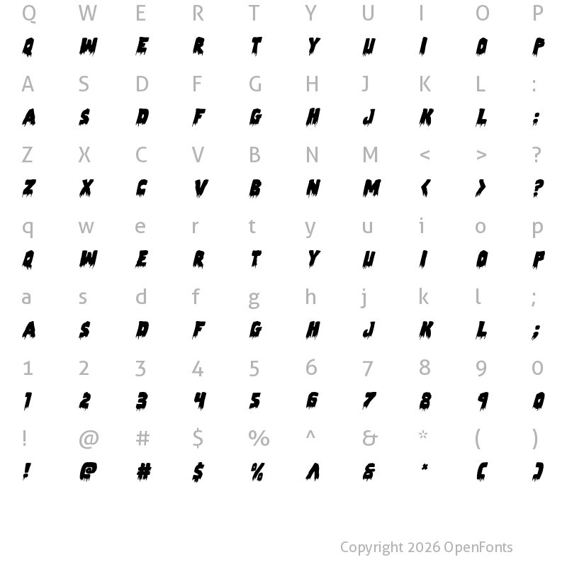 Character Map of Zombie Control Italic Italic